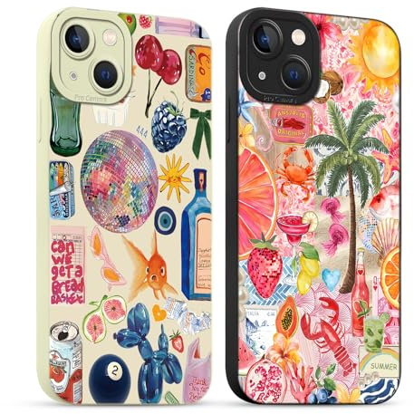 Yirlbey 2 Pièces Coque pour iPhone 14 6,1 Pouces, Etui Silicone avec Collage Aesthetic Motif Design, Caméra de Protection Case Antichoc Housse pour Femme Ultra Fine TPU Étui Souple