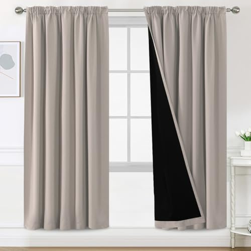 BellaHills 100% Gardinen mit Kräuselband Blickdicht Vorhang Kälteschutz Verdunklungsvorhänge Gardinen Wohnzimmer, Schallschutz Vorhang 2er Set H240 x B140 cm, Natur