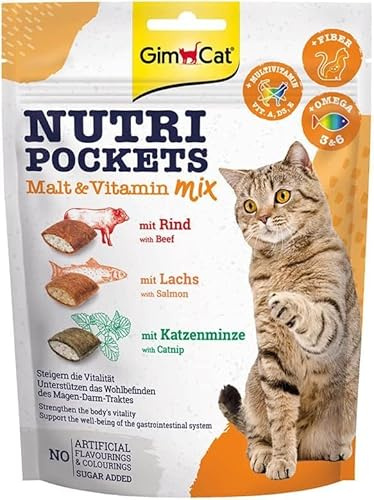 GimCat Nutri Pockets Mezcla de Malta y vitaminas - Snack crujiente para Gatos, con Relleno cremoso e Ingredientes funcionales - 1 Bolsa (1 x 150 g) (Paquete de 5)