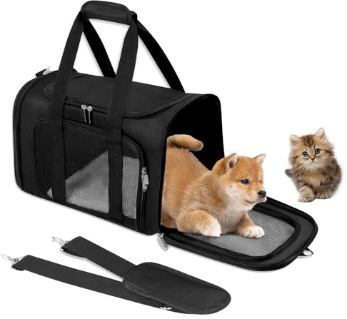 YANGUN Soft Sided Foldable Cat/Dog/Pet Carrier Bag, Cat Carrier Bag with 3-Sided Mesh, Portable Puppy/Pets Travel Carriers With Shoulder Strap & Removable Mat, Up to 15 Lbs, Airline Approved - Black