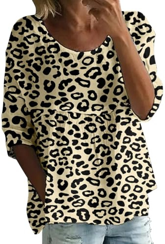 Uwdiohq T-Shirt Femme Manches 3/4 Col Rond Matière Froissée Douce Design Déstructuré Effet 3D Imprimé Léopard Et Floral Tendance Printemps-Été