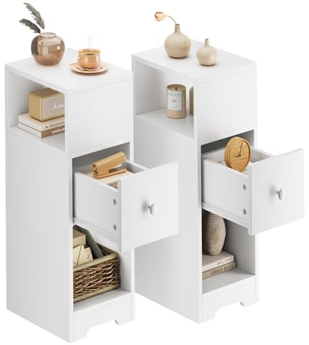 Dripex Slim Bedside Table, Set of 2 Narrow Bedside Cabinet with Storage Drawer, Wooden End Table Space Saving, 4 Tier Nightstand for Bedroom, Living Room, Balcony or Office (White)