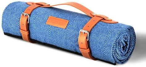 Picnic Blanket 147x180cm, Outdoor Rug with Waterproof Backing, Sand Proof Outdoor Beach Blanket, 6 Person Weatherproof Picnic Mat with Faux Leather Handle, Portable Camping Accessories Blue