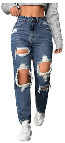 Floerns Women's High Waisted Distressed Jeans Straight Leg Casual Ripped Denim Pants Dark Wash Large