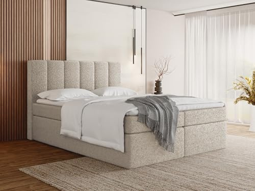 WFL GROUP Lit Boxspring 140x200 Complet avec Matelas, Surmatelas, Tête De Lit - Double Adulte, Coffre avec Rangement - Capitonné Crème en Tissu Bouclette - Amira - Beige