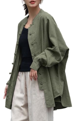 Camicie da donna in lino Camicette oversize Giacche crop vintage a maniche lunghe Bottoni a rospo cinesi Cape trench a vestibilità ampia, Verde vintage., L