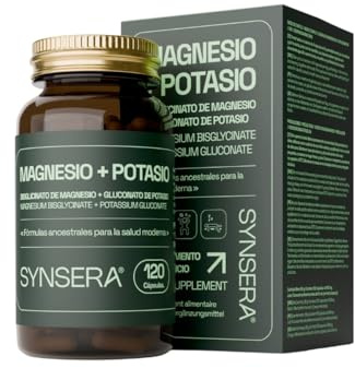 SYNSERA - Magnesio Bisglicinato y Potasio Gluconato - Suplemento Premium Alta Absorción - Antifatiga, Sueño, Estrés y Calambres Musculares - Fórmula Técnica Avanzada - 120 cápsulas