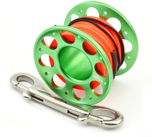 Jotekonoby Carrete de buceo de 15 m o 30 m con carrete de aleación de aluminio y conector giratorio de acero inoxidable, carrete de línea de buceo compacto con doble gancho para bajo el agua (15 m