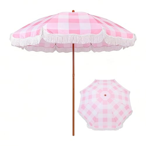 Sombrilla de Playa para Patio de 200 cm con Flecos, Sombrilla de Exterior con Inclinación y Altura Regulable, Parasol de Mercado para Jardín, Terraza, Piscina(Pink)