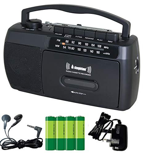 Compact Portable Radio Cassette Tape Recorder Player, In-Built Mic, AM/FM Radio, Headphones/Earphones Socket (3.5mm), Electric & Battery. Earphones, Batteries & Mains Power Supply INCLUDED (Black)