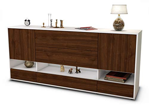 Stil.Zeit Sideboard Florentina, Korpus Weiss matt, Front Holz-Design Walnuss (180x79x35cm) Push-to-Open Technik & Leichtlaufschienen