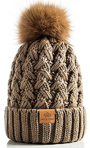 PAGE ONE Womens Winter Ribbed Beanie Crossed Cap Chunky Cable Knit Pompom Soft Warm Hat Khaki