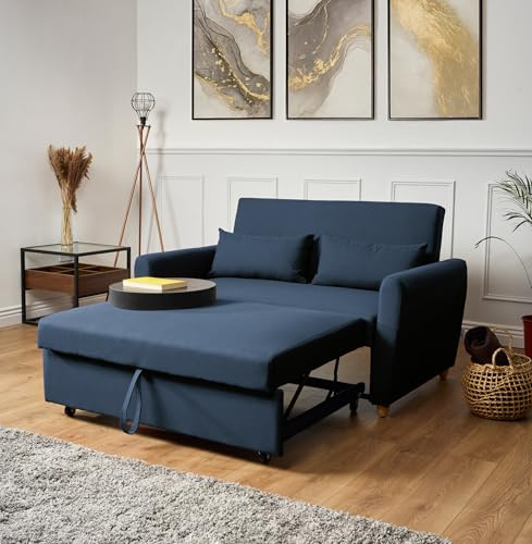 Bravich Dahlia Navy Blue 2 Seater Pull Out Sofa Bed | Compact Double Sleeper Sofabed | Modern Linen Fabric Convertible Couch for Small Spaces, Living Room, Guest Room | 140cm