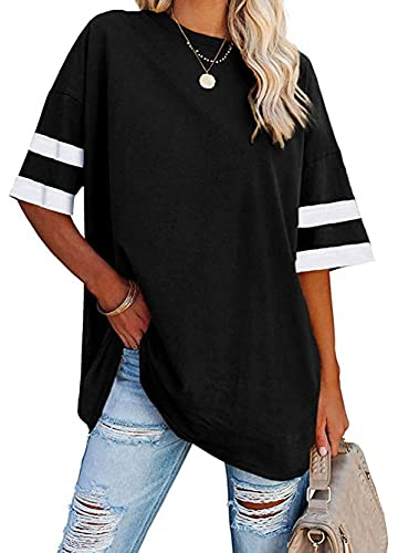 Famulily Striped T Shirt Casual Round Neck Half Sleeve T Shirt Women Loose Fitting Baseball Tops Black L