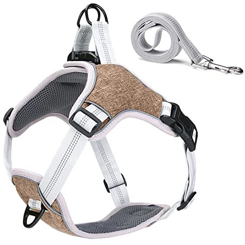 No-Pull Hundegeschirr Und Leine Set Für Kleine, Mittelgroße, Große Hunde,Weich Atmungsaktiv Einstellbar Reflektierend Hundegeschirr Brustgeschirr Geschirr Anti Zug,Braun,S