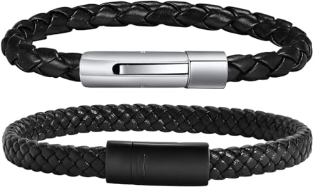 TempBeau Armband Herren Leder Schwarz : 2Pcs Lederarmband Set 19cm Echtes Leder Geflochten Mode-schmuck Armbänder für Männer Papa Tolle Geschenkidee