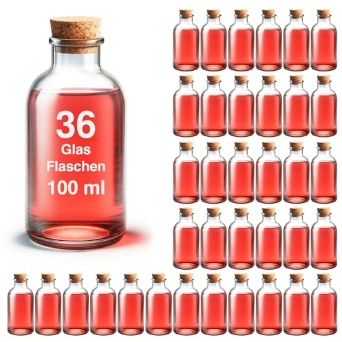 casavetro 36 x 100 ml, piccole bottiglie di vetro, altezza 10 cm, piccolo vaso con tappo di sughero, decorazione da tavolo, fiale per matrimonio, regalo per ospiti (inclusi sughero)