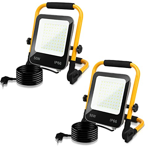 Lospitch LED Baustrahler 50W 2x, LED Arbeitsleuchter Fluter 5100LM, Austellenlampe Strahler, IP66 Wasserdicht, Tragbar Arbeitsscheinwerfer 6000K Kaltweiß Baulampe, 3M Kabel, für Werkstatt Garage