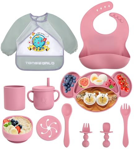 Jissta Silikon Baby Geschirrset,Baby-Teller,11-teiliges Set Kinderteller mit Saugnapf,Wasserdicht Babylätzchen,Silikonteller rutschfest BPA frei (Rosa)