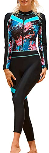 Combinaison de plongée une pièce en néoprène pour femme - Fermeture éclair sur le devant - Manches longues - Protection UV - Maillot de bain complet pour sports nautiques - Bule - Taille M