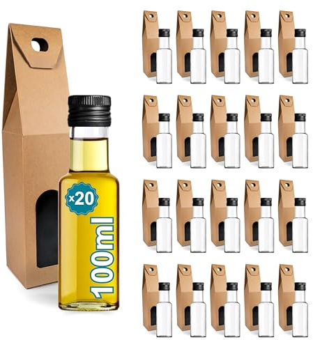 Espirito Rebelde 20 mini botellas de cristal 100 ml con tapón de rosca negro + 20 cajas | Botellas pequeñas para aceite de oliva, vinagre, alcohol, salsas, poción mágica | Muestras