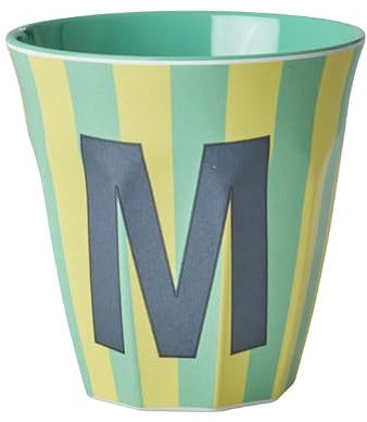 Rice Melaminmugg medium randig med bokstäver, modell för pojkar blå/grön/mint toner, storlek 9 x 9 cm (M pojke)