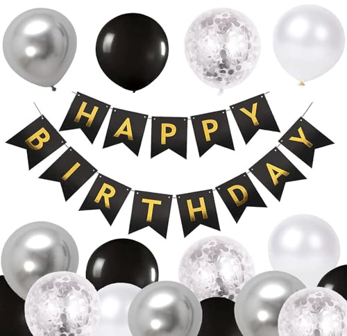 Happy Birthday Banner and Balloons - Black & Silver Decoration with Ribbons and Banners for Birthday Party Supplies