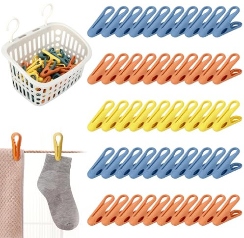 Sprifityy 50 pièces avec Panier Pinces à Linge, avec Panier Pinces à Linge Stables, sans Empreinte Pinces Souples antidérapantes, pour Corde à Linge ou étendoir (Vert, Orange, Jaune)