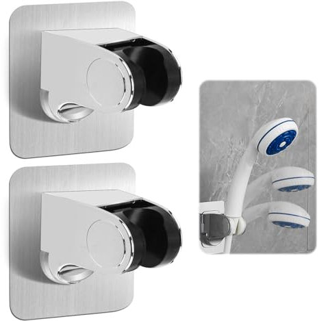 2 PCS Support de Douche Sans Percage, Autocollant Support de Pomme de Douche, Support de Pommeau de Douche Universel Réglable (45°), Fixation 18 kg, Chrome, Installation Facile