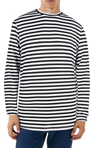 T-shirt rayé bleu et blanc pour homme - Noir - Manches longues - Chemise de pêcheur - T-shirt à manches longues pour homme, L