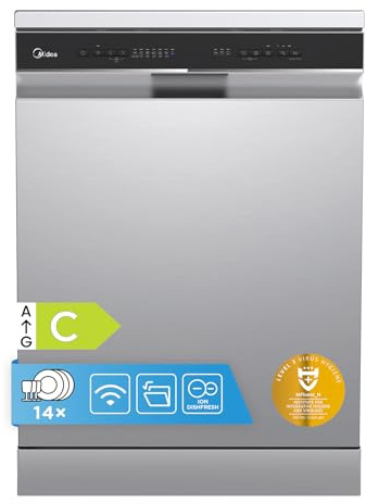 Midea Freestanding Dishwasher with 14 Place Settings, Wi-Fi Connected, 60 cm Width, 44dB Silence, Intensive Wash & Adjustable Basket, Stainless Steel-MDWEF1433D(SS) [Energy Class C]