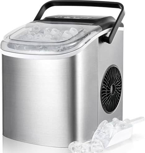 Eiswürfelmaschine Klein, 12,0 kg24H, 9 Eiswürfel in 6 Minuten, 2 Größen von Bullet Ice, Selbstreinigende Eiswürfelbereiter mit Schaufel und Korb, Eiswürfelmaschinen Edelstahl für Zuhause, Büro, Bar