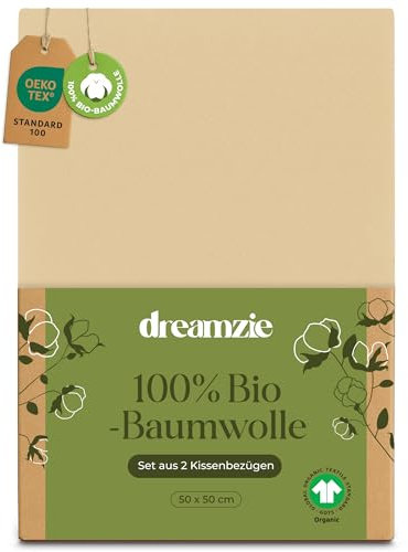 Dreamzie - 100% Bio-Baumwolle - Kissenbezug 50x50 cm Baumwolle - 2er Set - Beige - Kissenbezug mit Reißverschluss - Oeko-Tex
