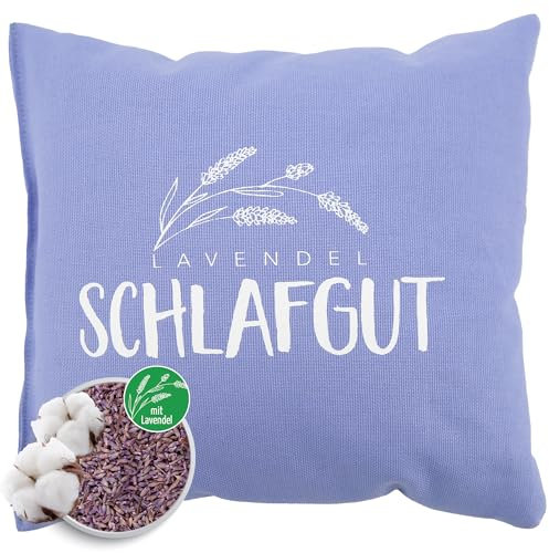 Herbalind Lavendelkissen 20x20 cm – Duftkissen mit Lavendelblüten und Schafschurwolle, Baumwollbezug mit Aufdruck Schlafgut, Farbe Lavender Blue, Kräuterkissen & Dekokissen