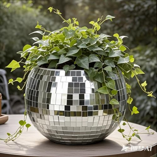 Qiumyanlod Fioriera a sfera da discoteca, vaso per fiori da discoteca, vasi per piante, supporto per piante, palla a specchio argentato, decorazione per feste, ufficio, cucina, plastica, 12,7 x 12,7 x