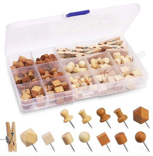 Namner 114 Pcs Wooden Push Pins Assorted Styles, Decorative Cork Board Pins Set for Bulletin Boards, Crafts & Office, Thumb Tacks in Natural & Brown