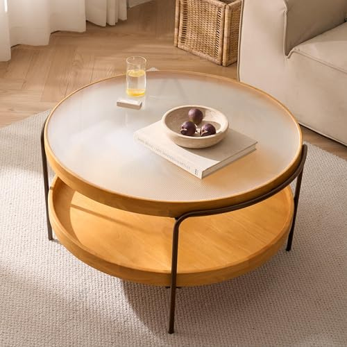 Cagnolier Couchtisch Rund, 2-Tier Wohnzimmertisch Rund, Runder Couchtisch mit Stauraum, Couchtisch Holz mit Glas und Metallgestell, Ø83x46cm Coffee Table für Wohnzimmer, Zimmer und Balkon