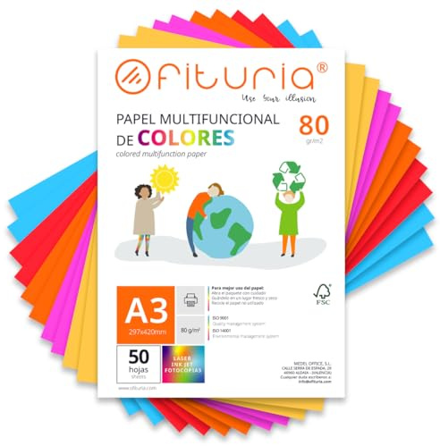 Färgfolio, 50-pack A3-ark 80 gr – färgat papper för hantverk, skrivare, scrapbooking, färgfolio, perfekt origami, papirogami, kontor och skola (starkt blankt, 50 timmar)