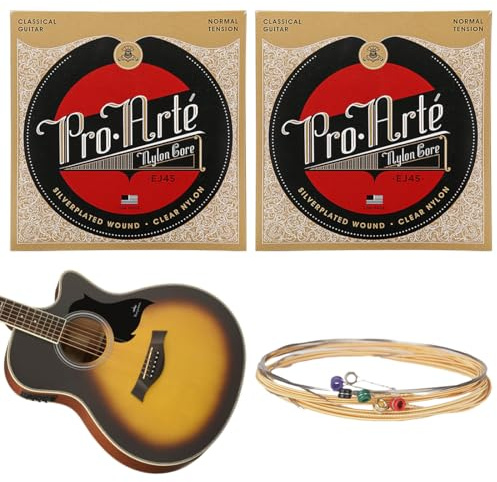CEJAS 2 Pack Cuerdas para Guitarra Clásica, Cuerdas Guitarra Española, Cuerdas de Nylon Pro-Arte EJ45, 90cm, Tensión Normal - Blanco