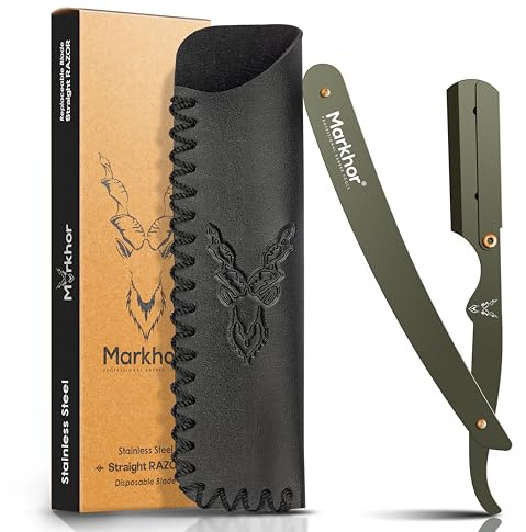 MARKHOR® Camo Green - Cut Throat Razors Kit, Straight Razors for Men - Professional Barber Razor, Premium Straight Edge Razors
