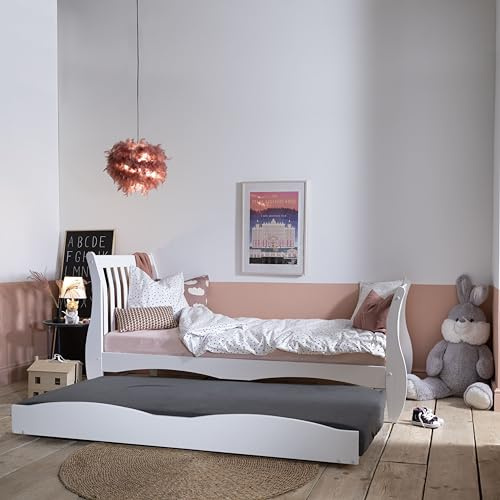 Single 3ft Kids Sleigh Bed with Pullout Trundle in White Astrid