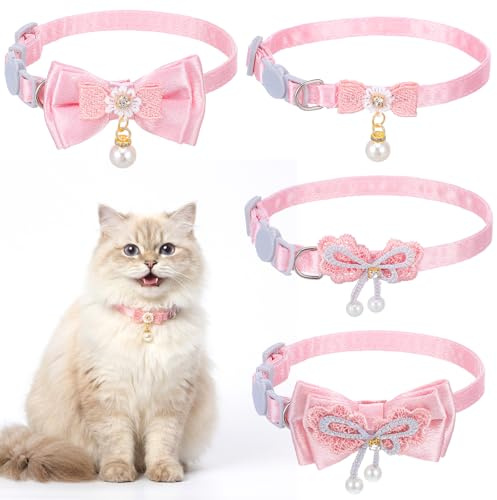 Jeffdad 4 PCS Cute Pearl Cat Collar with Bow, for Girl Cats Pink Cat Bows & Accessories Breakaway Safety Cat Bowtie Collar