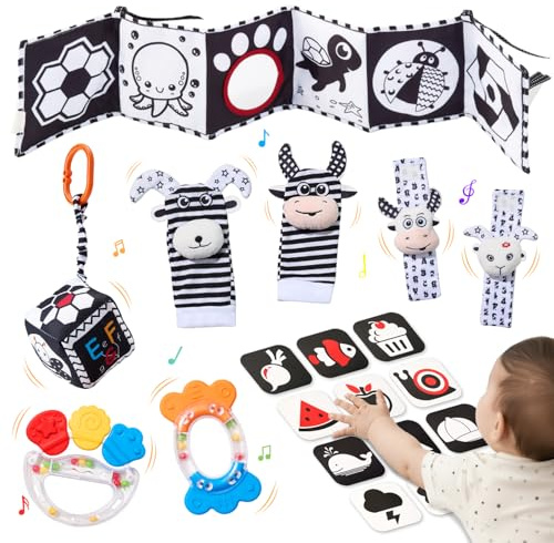 JoyCat Giochi Neonato 0-6 Mesi, Giochi Sensoriali con Carte in bianco e nero, Libro di Stoffa per Neonati, Calzini Sonaglio e dentizione, Tummy Time Regalo Neonato 0 3 6 Mesi
