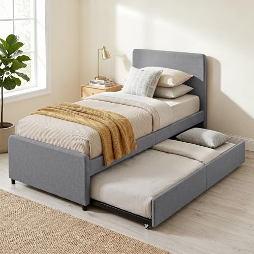 HOMCOM 3ft Single Bed Frame with Trundle Upholstered 90 x 190 cm Dark Grey