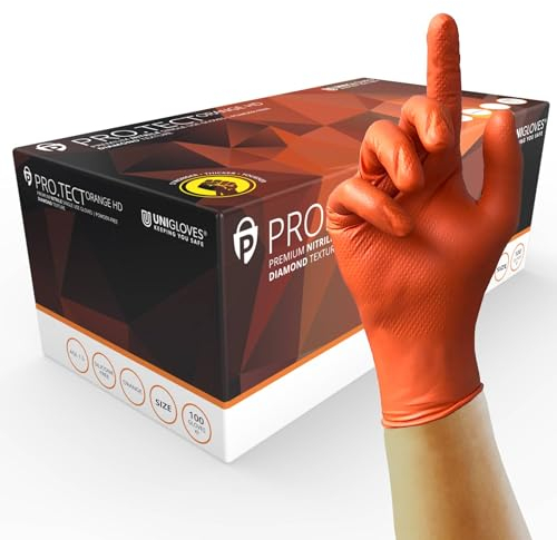 Unigloves PRO.TECT Orange HD GA0054 Nitrile à usage unique - Gants jetables ultra-légers, polyvalents, sans poudre et sans silicone, boîte de 100 gants, orange, taille L