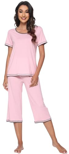WiWi Pigiama da donna in viscosa di bambù, a maniche corte, 2 pezzi, top e pantaloni capri, taglie S-XXL, rosa, L