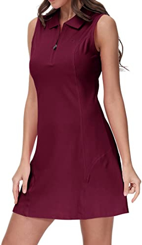 JINSHI Golf Tennis Polo Dress for Women Athletic Sports Workout Running Dresses Wine-red Size 2XL