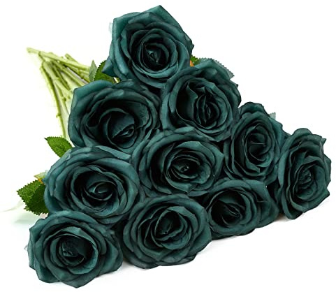 IUKnot Artificial Rose 10pcs Open Flower Bouquet Faux Rose Stems for Wedding Arrangement, Bridal Bouquet, Centerpiece, Fake Faux Silk Flowers (Emerald Green)