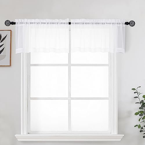 OWENIE White Sheer Curtains for Kitchen Valance, Small Modern Short Curtain Rod Pocket for Living Room, Bathroom, Cafe Room, Laundry Room, Basement, W42 x L14, Set of 2