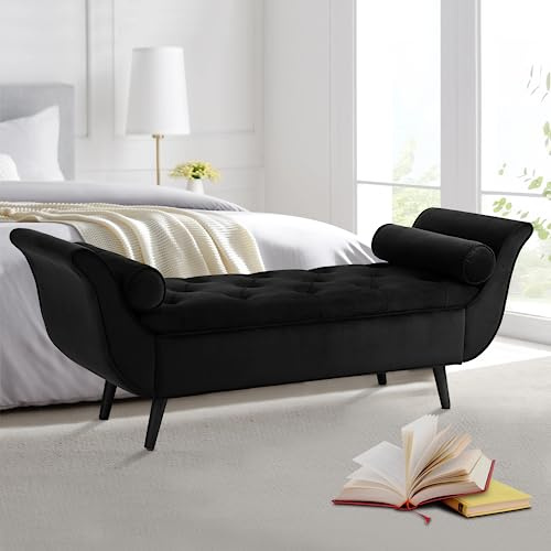 Hdxdkog Storage Bench for Bedroom End of Bed, 65 Velvet Upholstered Rolled Armed Button Tufted Stool Bench, Storage Ottoman Long Bench with with 2 Pillows for Entryway (Black)